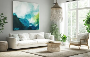 A Scandinavian-style living room with light blue walls, a white sofa and armchair, a macrame chandelier hanging above the couch, a wooden floor