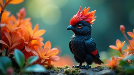 Fototapeta premium A vibrant, dark-feathered bird with a striking crimson crest perches amidst a profusion of bright orange blossoms, creating a captivating scene of natural beauty and color contrast.
