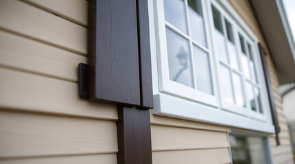 Elegant Home Exterior: Brown Shutters and White Windows. High-quality image showcasing a house's charming exterior design. Ideal for real estate, architecture, and home improvement websites.