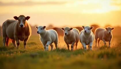 Obraz premium Golden Hour Lambs and Cow: A Pastoral Sunset Scene