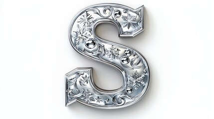 Ornate Silver Letter S with Floral Patterns and Shiny Elements
