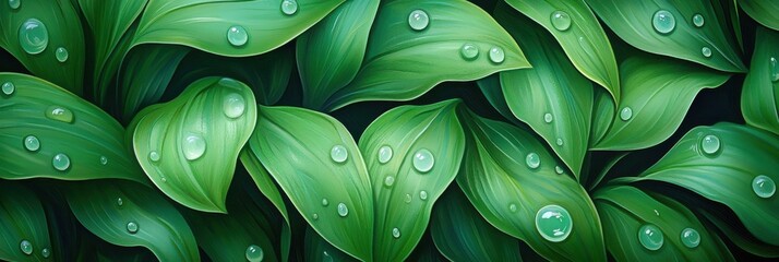 Fototapeta premium Vibrant green leaves with water droplets in natural patterned formation
