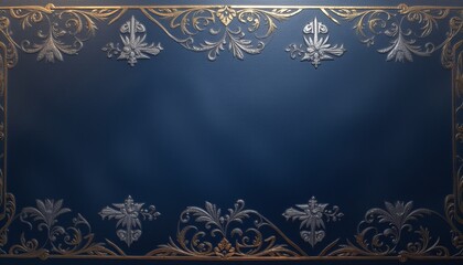  Dark blue textured background with metallic silver borders.