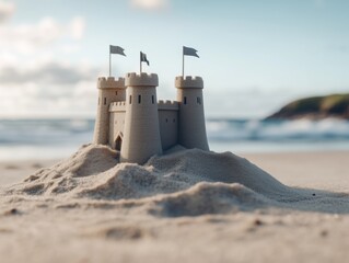 An intricate sandcastle adorned with towers and flags stands on a sunny beach. The whimsical architecture and coastal backdrop evoke summer vacation fun and artistry.