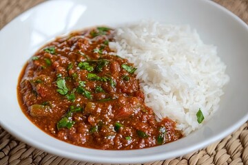 A clean white serving dish with a single portion of Thai red curry styled with rice. picture