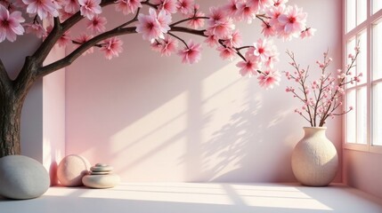 Serene Pink Blossom and Stone Arrangement in a Sunlit Room