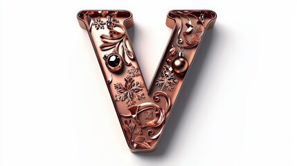 Ornate Copper Letter V with Festive Decorations and Holiday Theme