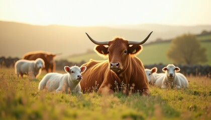 Highland Cow and Lambs in Golden Sunset Pasture