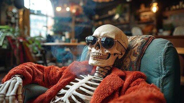 A skeleton in sunglasses lounges in a cozy chair, exuding a relaxed vibe.