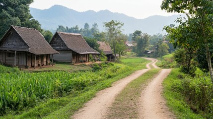 Fototapeta premium Rustic countryside landscape with traditional thatched cottages and path