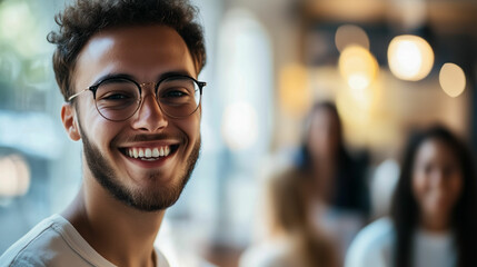 A young AI researcher in Germany smiling confidently at a café during a collaborative work session with peers