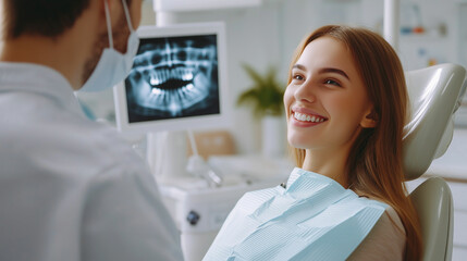 Teenager at dental appointment viewing digital X-rays during orthodontic consultation in modern clinic environment