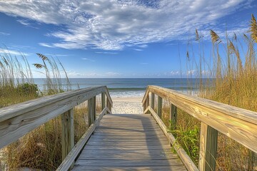 A clean wooden boardwalk leading to the ocean, surrounded by sea grass. picture