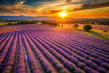 Obraz premium Aerial View of Tranquil Lavender Fields at Sunset in Provence, France