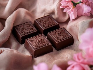 A close-up of four square chocolate pieces with intricate designs, placed on soft brown fabric.