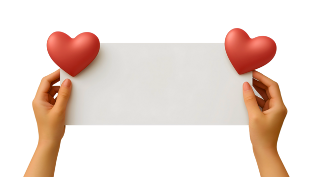 Hands Holding a Blank Sign Surrounded by Red Hearts for a Love Message on Valentine's Day