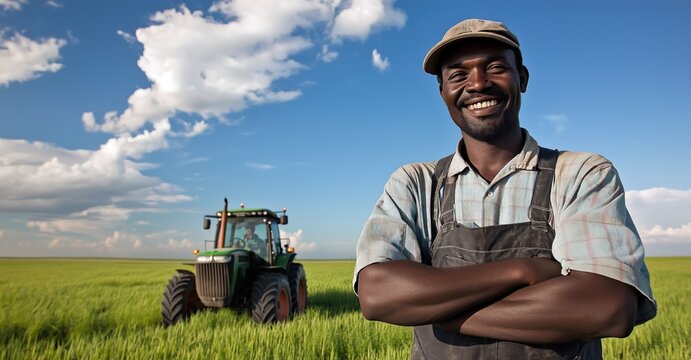 Un agriculteur afro-am&eacute;ricain souriant, portant une casquette, debout, les bras crois&eacute;s, devant un tracteur dans un champ, avec un ciel bleu et un fond de culture.