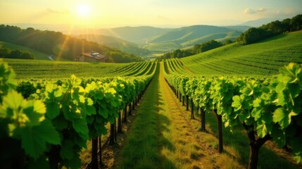 Naklejka premium Golden Hour Vineyard Rows Basking in Sunlight A Serene Landscape of Lush Green Vines and Rolling Hills