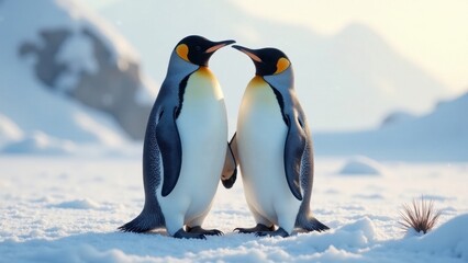 Fototapeta premium A Pair of King Penguins Sharing a Tender Moment in a Snowy Landscape