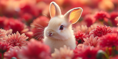 A cute rabbit is surrounded by vibrant red and pink chrysanthemums. The soft lighting and sharp focus highlight the delicate details of this charming and festive composition.