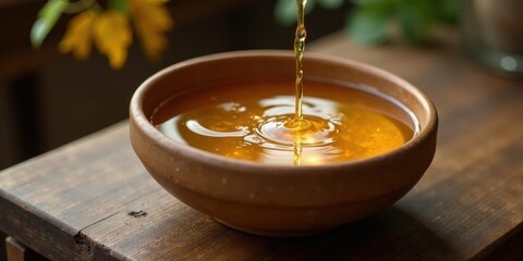 Golden liquid pouring into rustic bowl on wooden surface