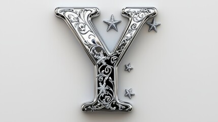 Ornate Silver Letter Y Surrounded by Decorative Stars and Flourishes