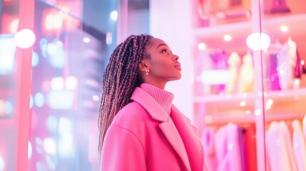 Fashionable expression of joy: black girl with braids in pink coat admiring colorful display