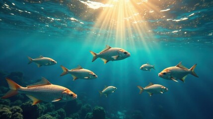 Fototapeta premium Sunlight Illuminates a School of Fish Gracefully Swimming Through Vibrant Underwater Paradise