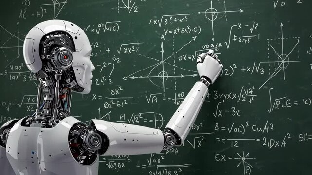 Robot, writing and blackboard with mathematical equations for science, technology and ai. Artificial intelligence, learning and automation with formulas for data, education or future