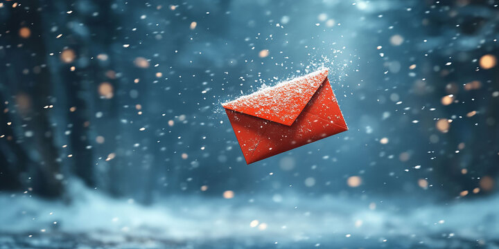 A floating red envelope set against a snowy blue background evokes wintertime elegance. The minimalist design highlights the festive charm of the season.