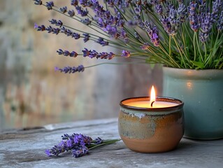 A lit scented candle in a ceramic holder next to a vase of lavender flowers.
