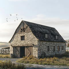 Obraz premium A gambrel dormer and wooden beams are present on this Stone Cotswold style barn