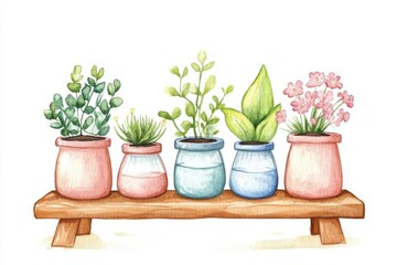 Fototapeta premium A charming watercolor illustration of five potted plants on a wooden shelf, showcasing vibrant greens and delicate flowers, perfect for home decor inspiration.