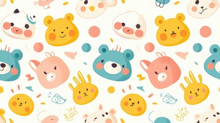 A playful pattern featuring cute animal faces and colorful shapes, ideal for children's designs.