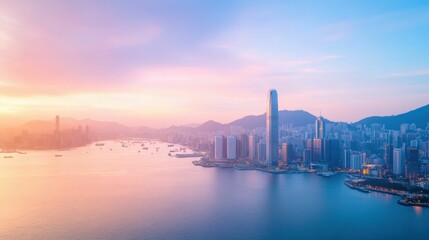 Fototapeta premium Vibrant city skyline at sunset with stunning aerial view for urban design