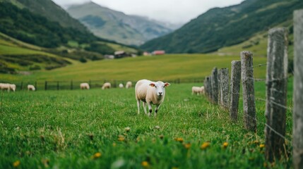Fototapeta premium Farm animals grazing in lush green pasture with rolling hills and mountain views