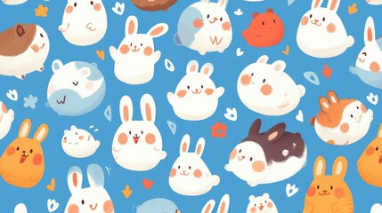 Obraz premium A playful pattern featuring cute, fluffy rabbits in various poses and colors on a blue background.