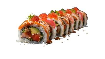 Japanese Sushi Roll with Salmon, Avocado, and Tobiko, Exquisite Gourmet Asian Cuisine in Elegant Presentation, transparent background.
