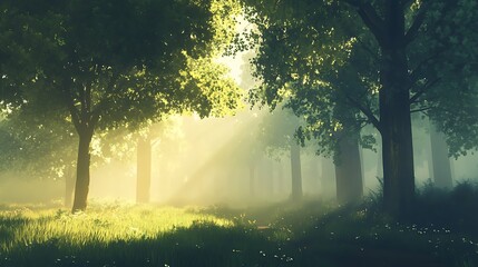 A serene forest scene with sunlight filtering through the trees, creating a misty, ethereal atmosphere.