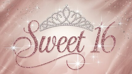 Glittery chic Sweet 16 invitation with tiara in cursive