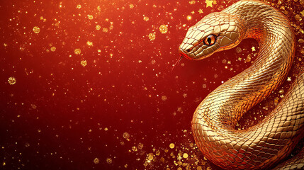 Fototapeta premium A golden snake with shimmering scales coils elegantly on the right side of a festive red background. Glittering stars enhance its majestic presence, symbolizing Chinese New Year celebrations.