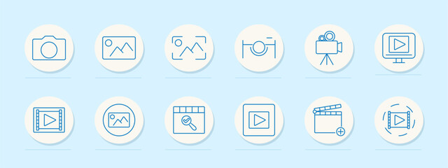 Photography set icon. Camera, photo, focus frame, tripod, video camera, play screen, film reel, edit clapperboard, play button. Represent photography, videography, and media creation