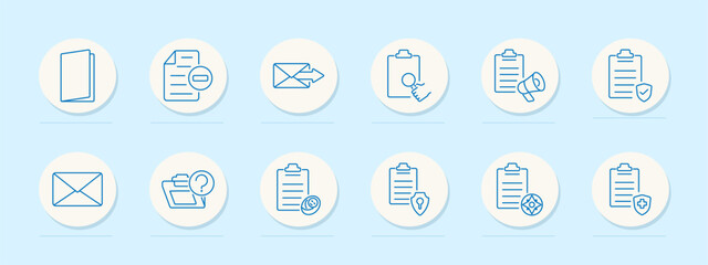 Documents set icon. Folder, restricted document, mail, clipboard with magnifier, campaign clipboard, protected checklist, secure document. Represent secure communication, analysis, and document safety