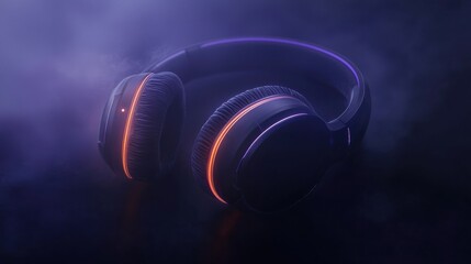 Naklejka premium Pair of headphones with a futuristic design. the headphones are black with orange and blue accents on the sides. the ear cushions are curved and appear to be made of a soft material.