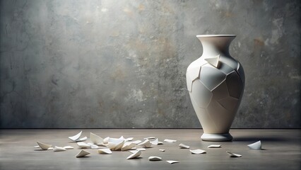 Shattered porcelain vase on a grey background, with fragments scattered around it , shattered, art