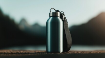 Obraz premium Black water bottle with a black strap attached to it. the bottle is cylindrical in shape and has a silver cap on top.