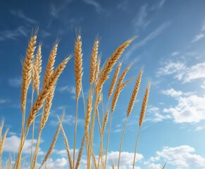 Fototapeta premium Golden wheat stalks stand tall amidst the blue sky on a bright and sunny day, agriculture, farm land