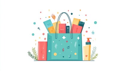 Obraz premium Teal shopping bag overflowing with beauty products and confetti.
