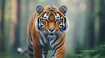 Fototapeta premium Majestic tiger walking through lush forest wildlife natural habitat close-up perspective