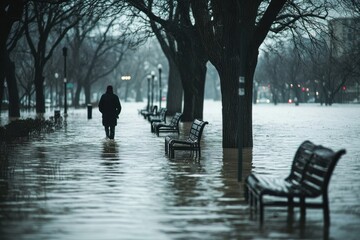A solitary figure walks through a flooded park, showcasing the impact of severe weather. Trees line the path, reflecting the somber mood after heavy rain.
